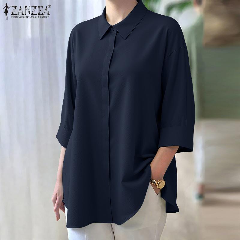 ZANZEA Women Turn Down Collar Loose 3/4 Sleeve Plain Blouse