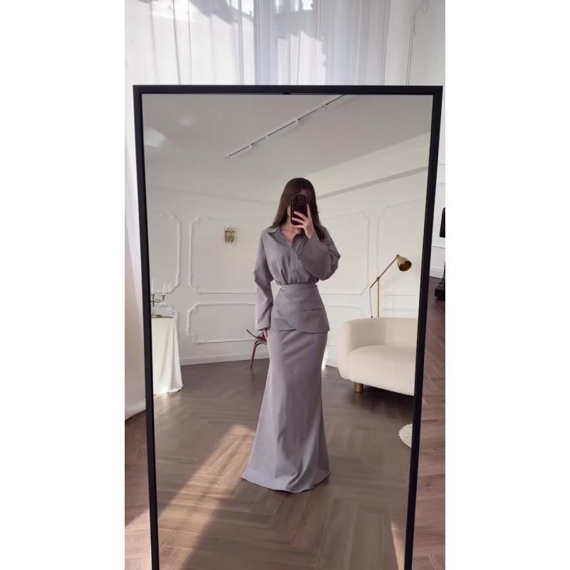 Womens Elegant Turn-Down Collar Long Sleeve Fitted Midi Dress Set With Button Detail Fall