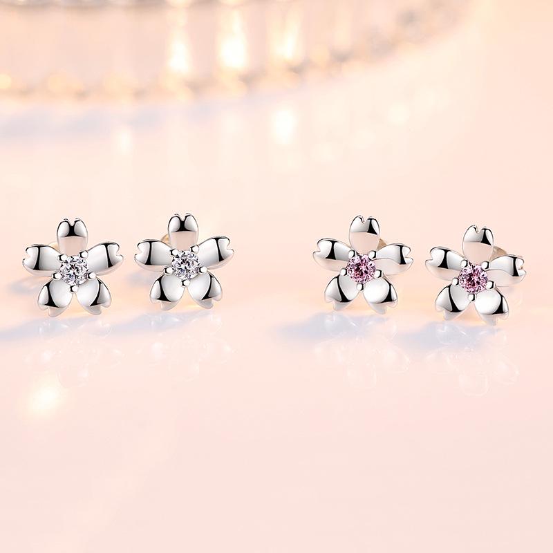 Guochao Peach Blossom Rose Flower Earrings with Pink Diamond-Plated Silver Studs for Women