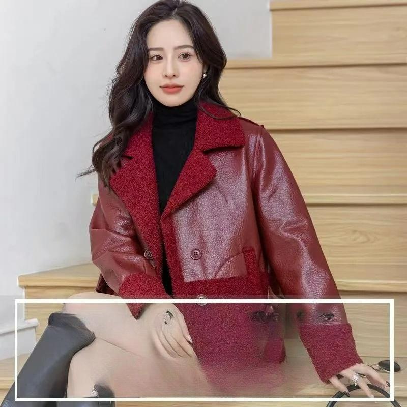 Leather Women's Plus Velvet Thickened Autumn and Winter Wear Loose Winter Western Style Short Ladies Leather Jacket on Both Sides