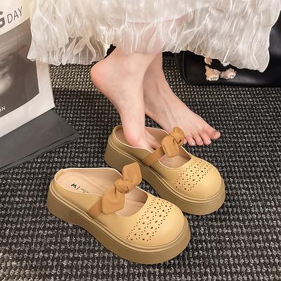 2025 New Square Head Thick Heel Color Matching Bow Mary Jane Shoes Women's Fashion Versatile French Temperament Slippers