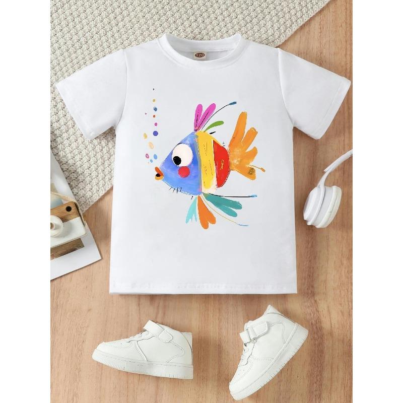European Size Girls Round-neck Short-sleeved T-shirt with Colorful Fish Blowing Bubbles Pattern Print