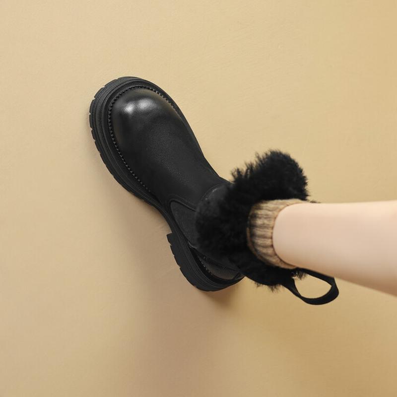 Fashion NEW Winter Women Boots Genuine Leather Shoes for Women Round Toe Chunky Heel Shoes Solid Zip Platform Shoes Warm Wool Snow Boots