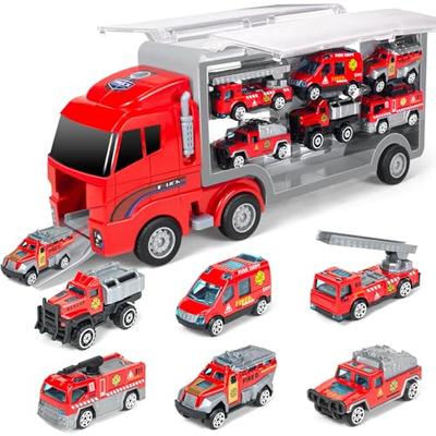 7-Piece Toy Truck Set with Large Storage, Alloy Diecast Cars, Fire Engine, and Work Vehicles, Construction Vehicles, and Transportable Toys. Large Siz