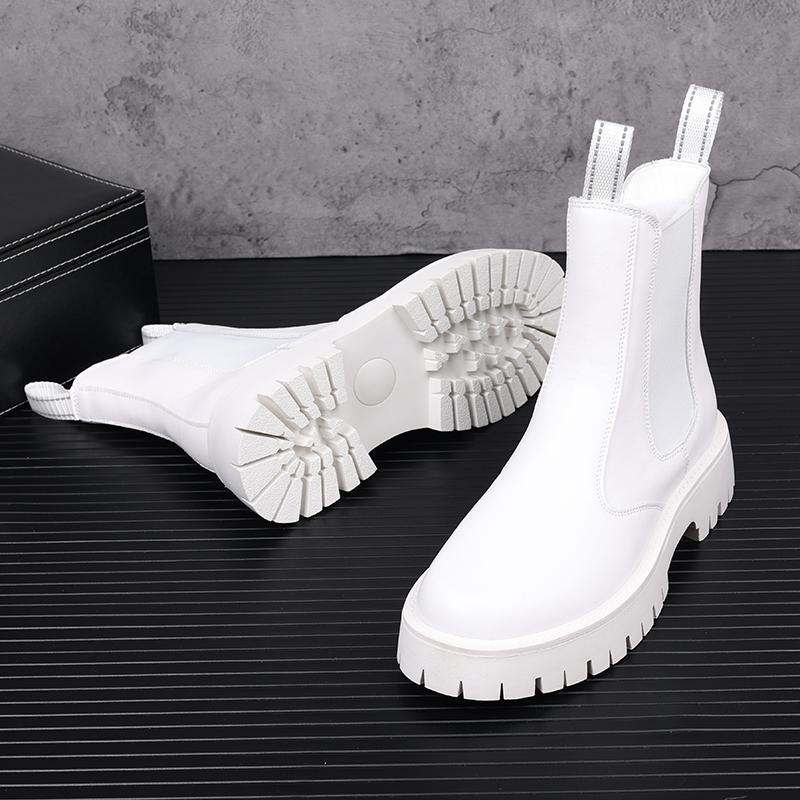 Fashion Korean Designer Mens Fashion Platform Boots Black White Genuine Leather Shoes Trend Handsome Chelsea Boot Cowboy Short Botas Man
