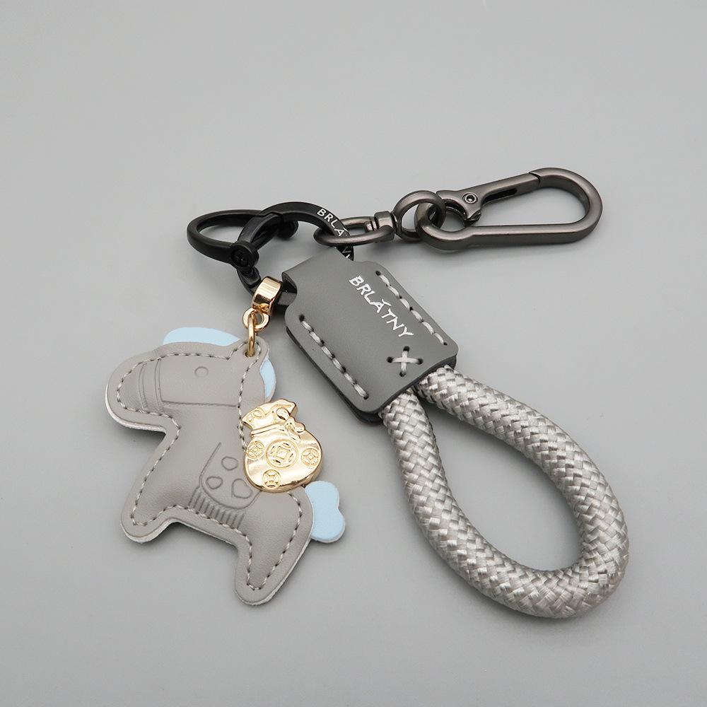 Handmade Genuine Leather Horse Keychain with Anti-Lost Lanyard and Woven Rope.