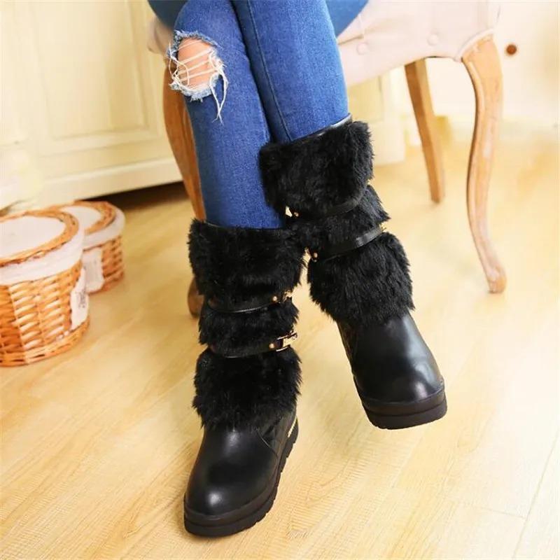 Waterproof Winter Shoes Women Platform Snow Boots Warm Fur Plush Casual Wedge Mid-Calf Boots Girls Black White Shoes Ladies33-43