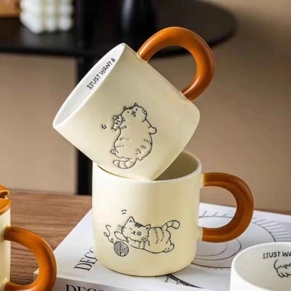 Cute Cat Pattern Cat Vintage Mug with Spoon Cartoon Cat Drinkware Ceramic Coffee Cup  Breakfast