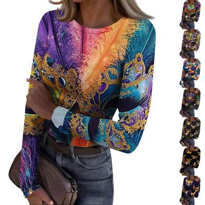 Women's  Slim Bottom T-shirt Fashion Casual Gradient Printing Round Neck Pullover Long Sleeve Top
