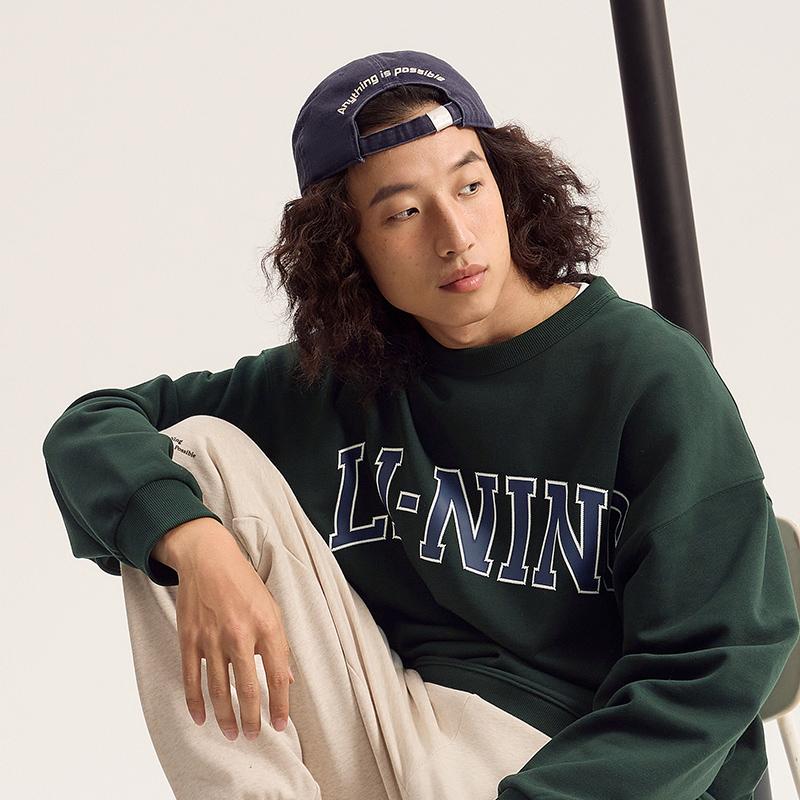 Li Ning Weekend Youth Letter Print Crew Neck Pullover Long Sleeve Sweatshirt Unisex sweatshirt Vintage-Green AWDU785-7