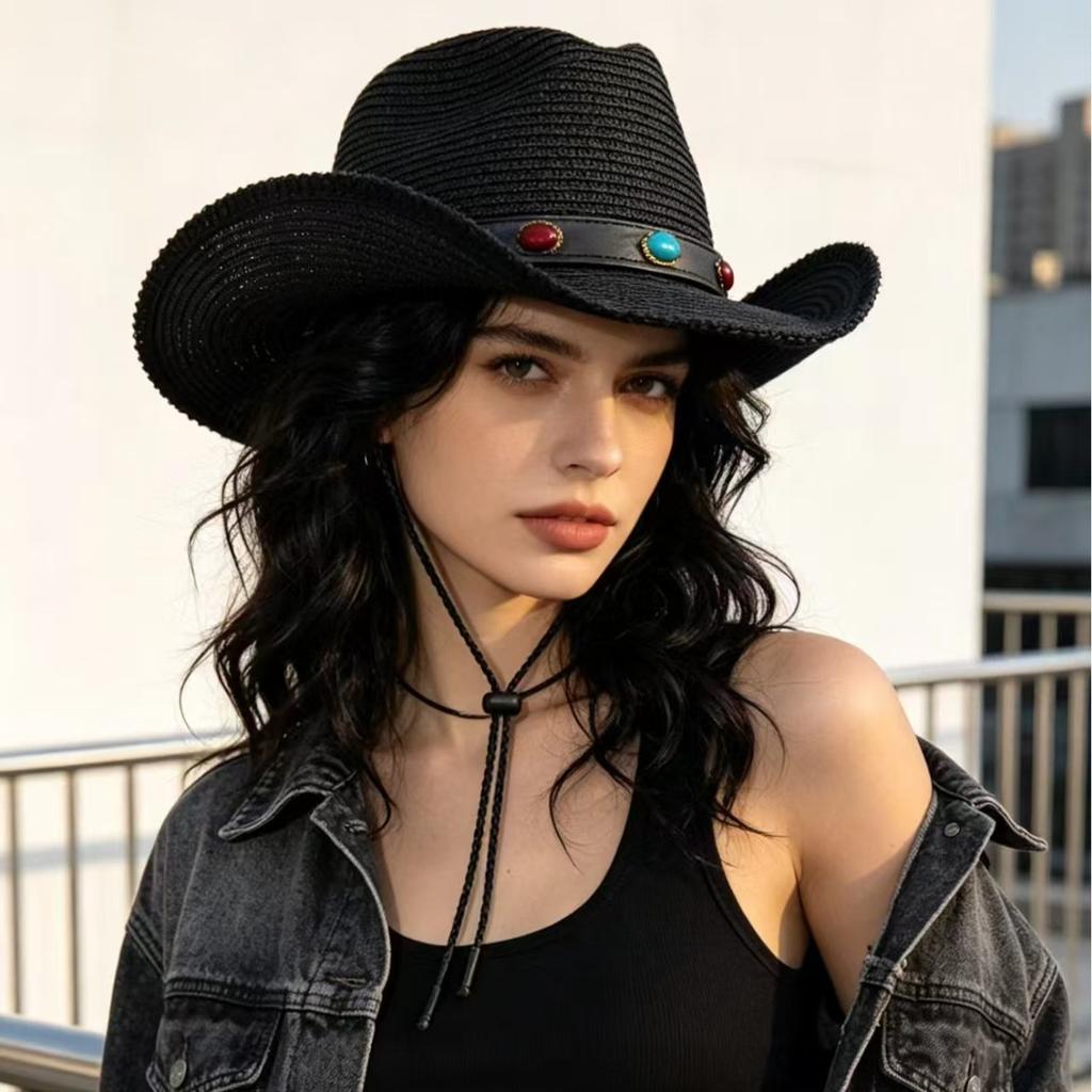 Cowboy Hat Western Male and Female Duck Tongue Fisherman Eaves Sunscreen Straw Hat Outdoor Shading Tourism Mountaineering Tibetan Self-operated