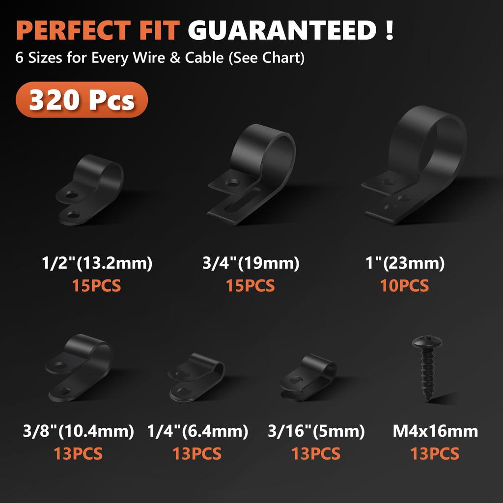 320PCS Black R Cable Clips-6 Sizes Premium PA66 Nylon | High Temp Resistant |  Wire Management Clamps