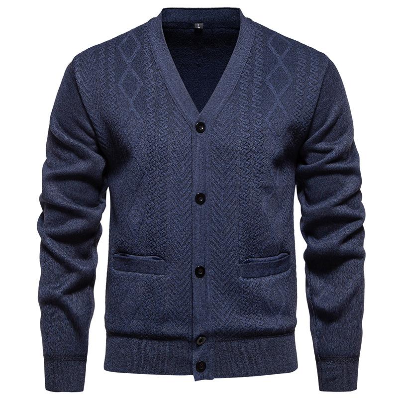 Men's Jacquard Button Cardigan Knitted Sweater Jacket Warm Plus Velvet Sweater Men
