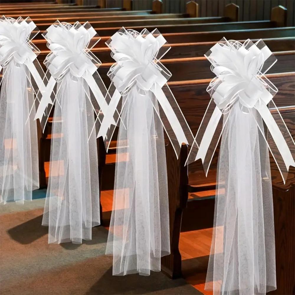 4Pcs White Church Wedding Pew Bows with Long Tulle Tails Ceremony Chair Aisle Decor Church Aisle Decor Wedding Car Decoration