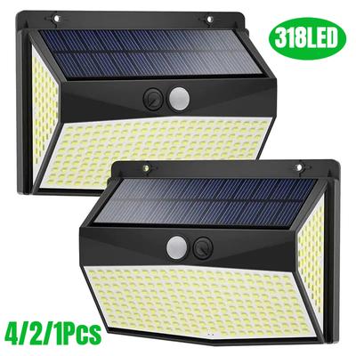 Lampe solaire d'extérieur à 318 LED avec détecteur de mouvement PIR, imperméable et rechargeable, éclairage d'extérieur pour jardin et rue