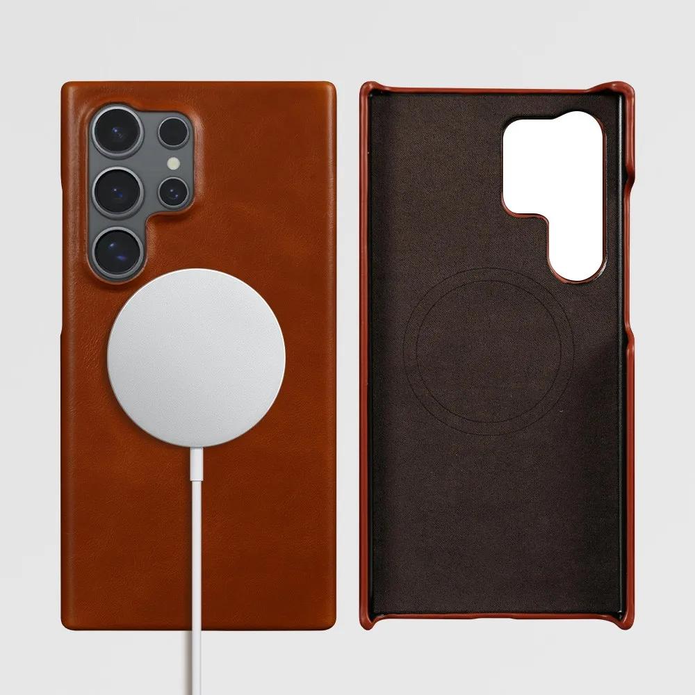 For Samsung S26 Ultra Case Magnetic Magsafe Oil Wax Genuine Leather Phone Cases For Galaxy S25 S24 S23 S22 Cover Wireless Charge