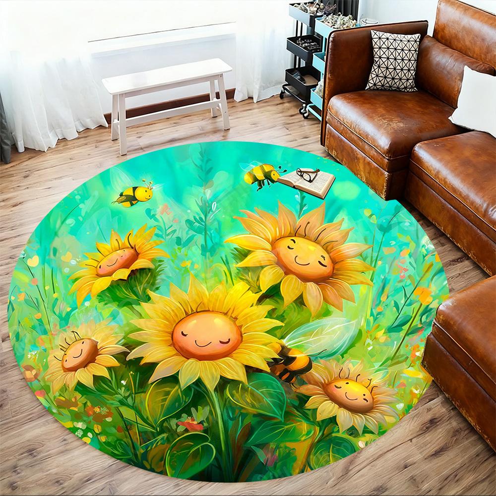 1PC sunflowers bees Office Round Area Rug, Under Office Chairs Bedroom Living Room Home Decor, Carpet for Office -1110104