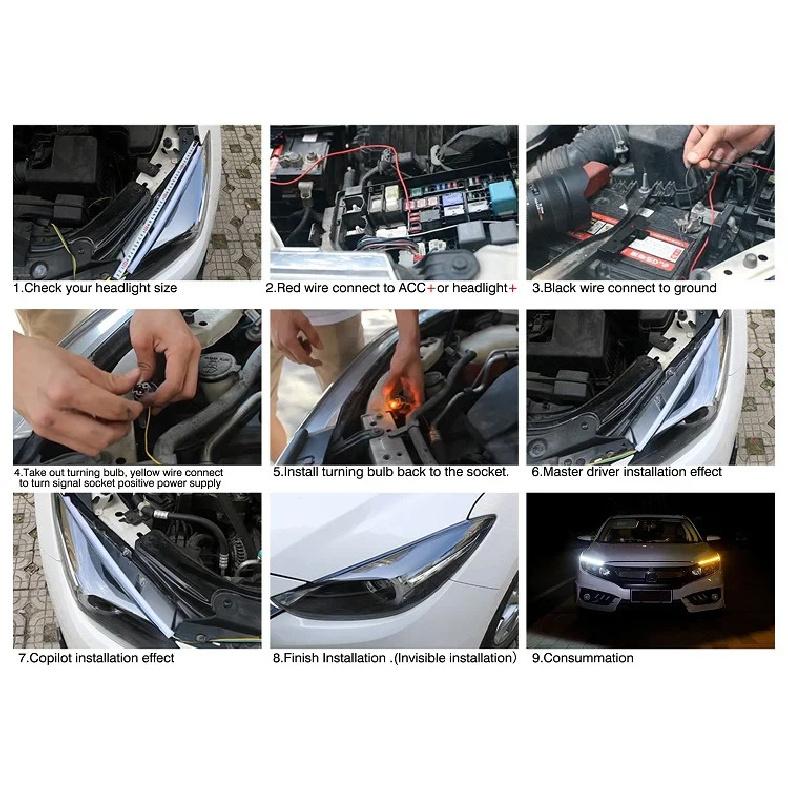 2Pcs 12v LED Car Daytime Running Light DRL Flexible Waterproof Strip Auto Headlights White Turn Signal Yellow Brake Flow Lights