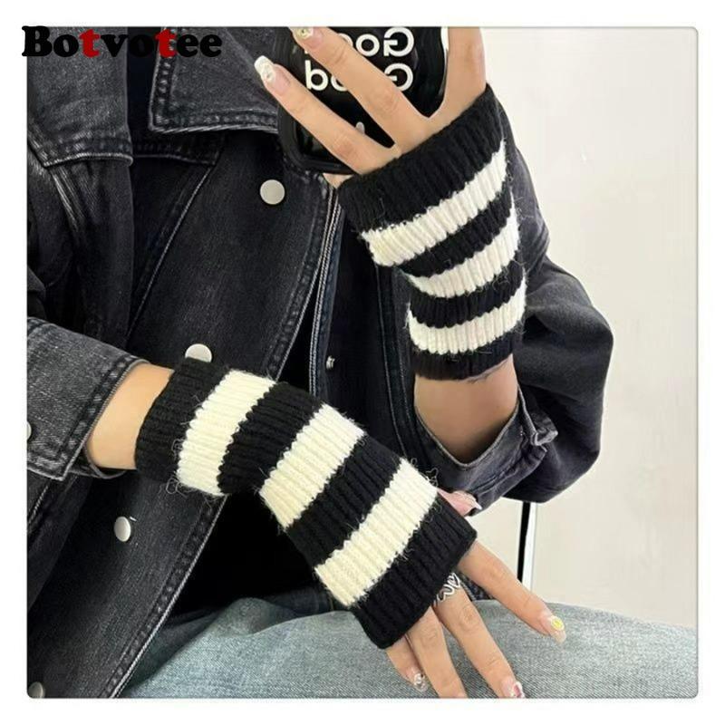 Botvotee Stripe Arm Warmers Sleeves for Women Y2k Accessories Cold Resistance Warm Winter Knit Fingerless Gloves Free Shipping