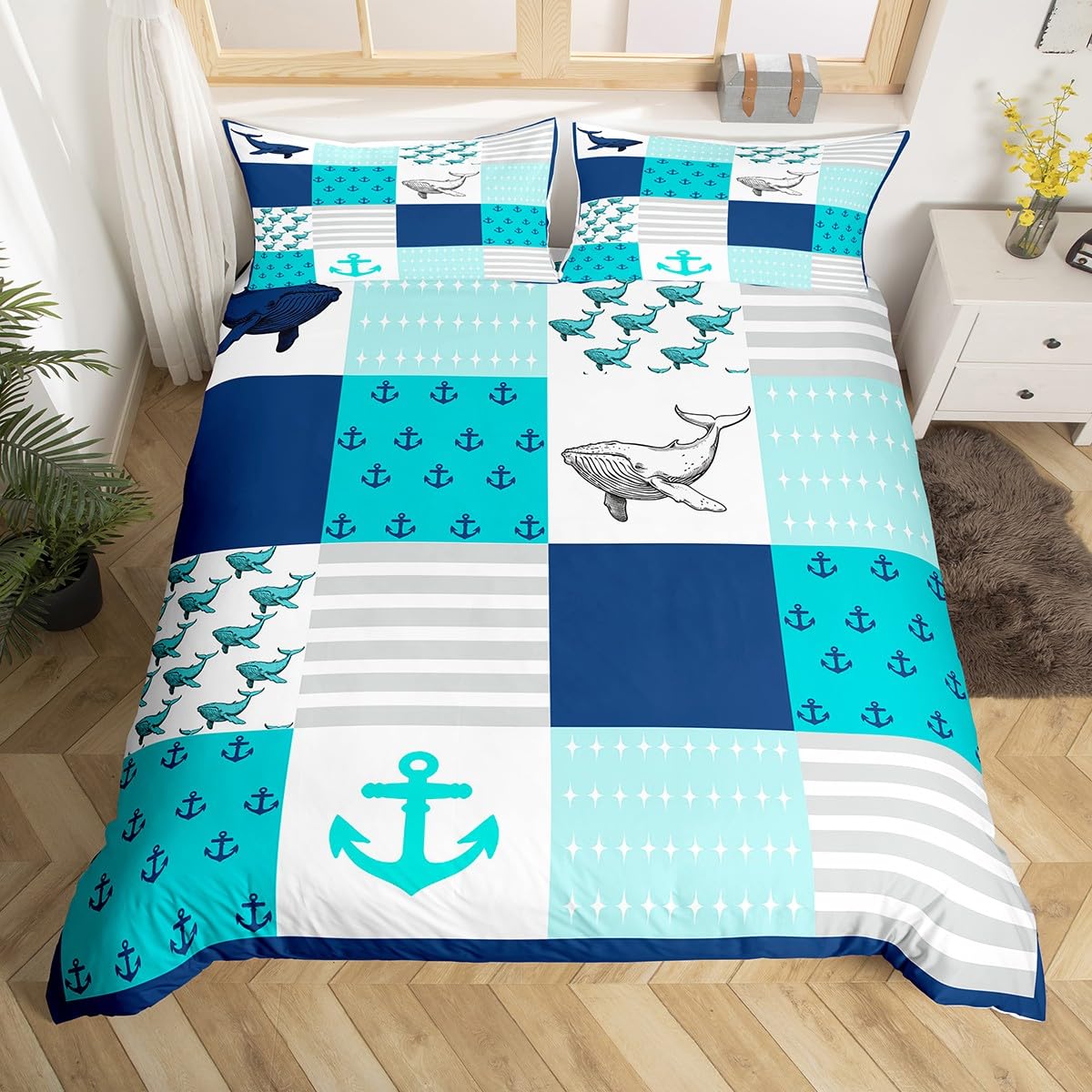

Comforter Whale And Anchor For Teens Kids Boys Queen Lightweight Bedroom Decor Navy Blue Ocean Bedding Set Comforter (quilt)-EU Single(135*200cm)3pcs