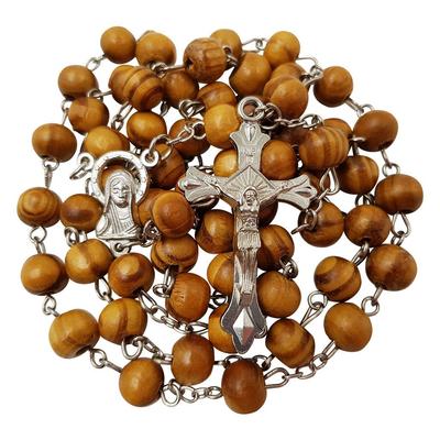 Katholische Holzkranzperlen Halskette 8mm Runde Holzperlen Jerusalem Rosenkranz Kreuz Kruzifix Jungfrau Maria Mittelstück mit Zertifikat