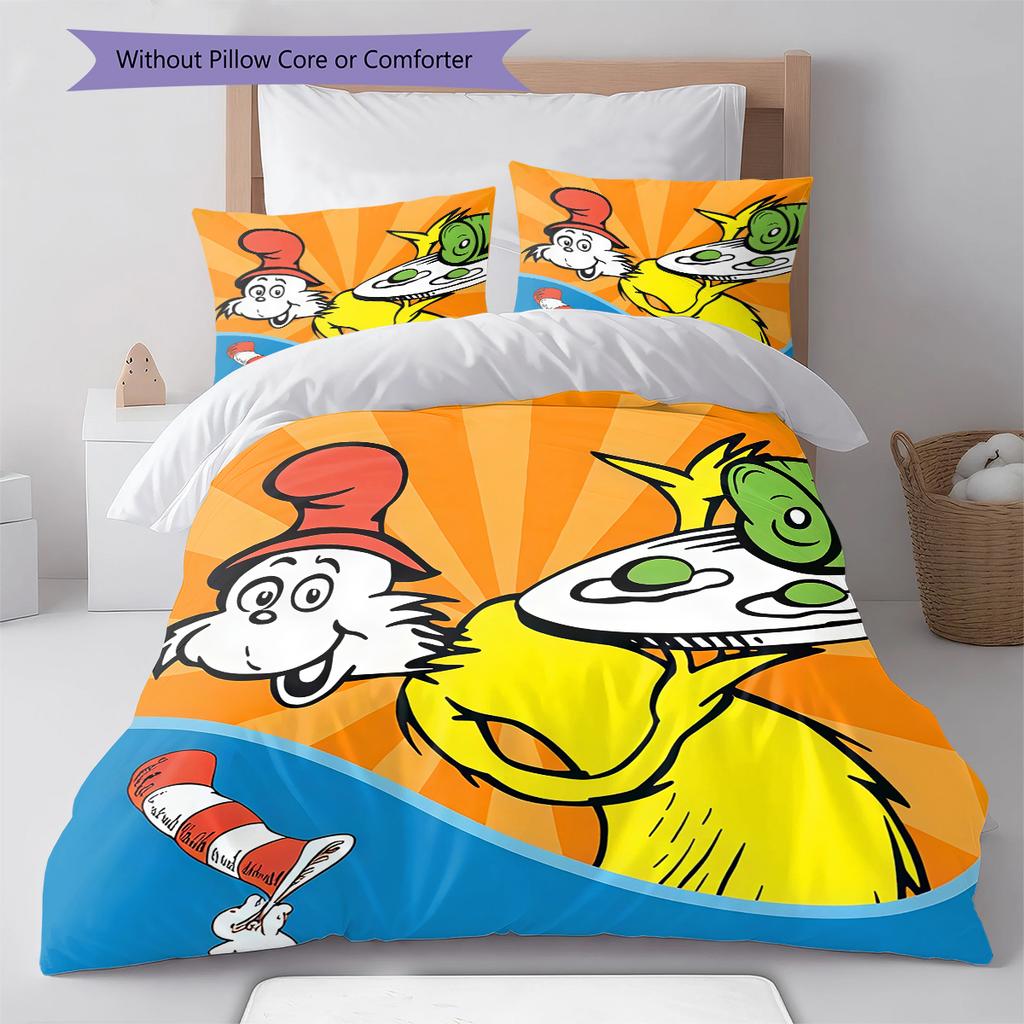 Green Eggs and Ham Pattern Bedding,Quilt Set Quilt Cover Pillowcase Home Birthday Gift (1 * duvet cover + 2 * pillowcase, without core)