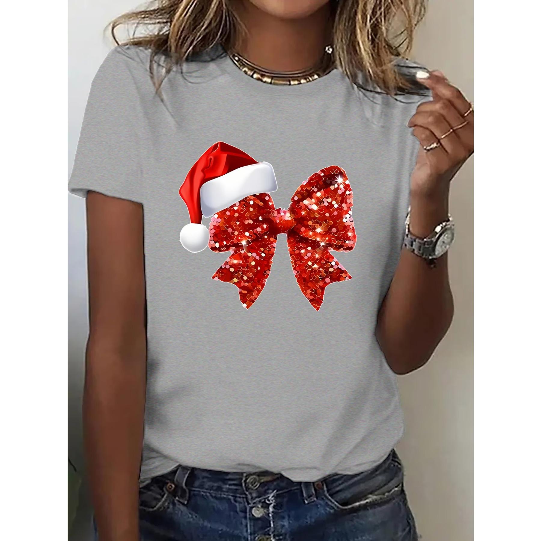 

Women s Bow & Christmas Hat Print T-Shirt - Casual Sporty Round Neck Short Sleeve Blouse - Soft Stretch Fabric Suitable for All-Season XXL сірий