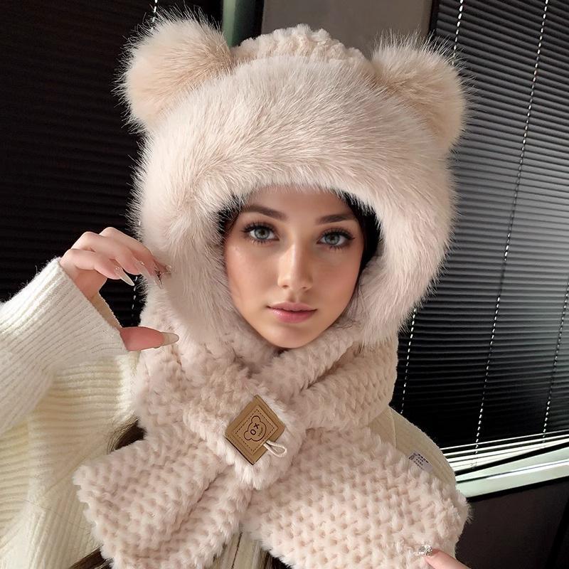 Bear Hat Scarf Integrated Women's Autumn and Winter Riding Cold Scarf Warm Ear Protection Cute Plush Gloves Mask