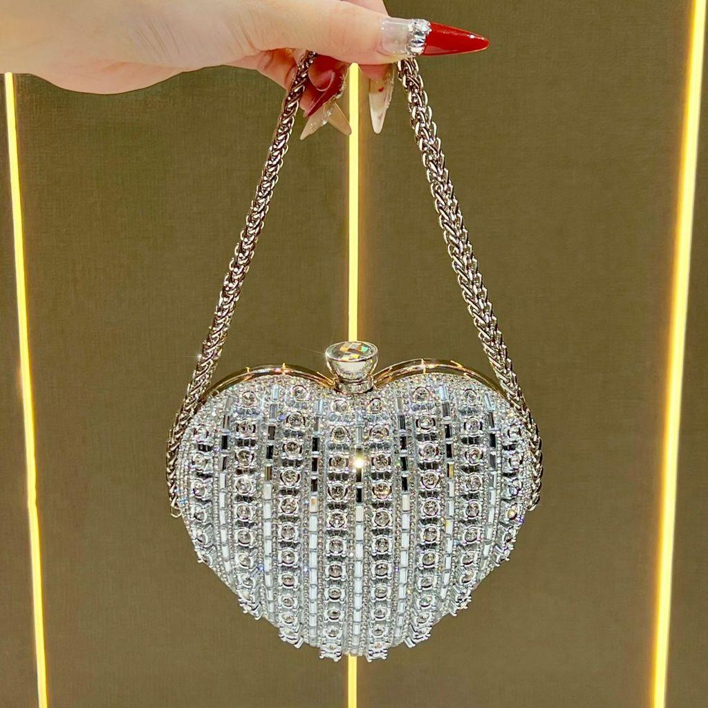 Pochette a Forma di Cuore con Strass Scintillanti e Tracolla a Catena per Eventi Serale