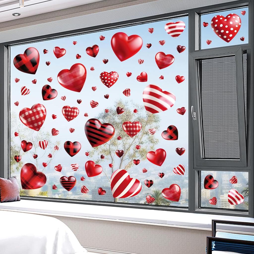 168pcs Valentines Day Window Clings Red Heart Shaped Static Wall Decals Window Stickers Double Sided Visibility Romantic Valentines Day Decorations