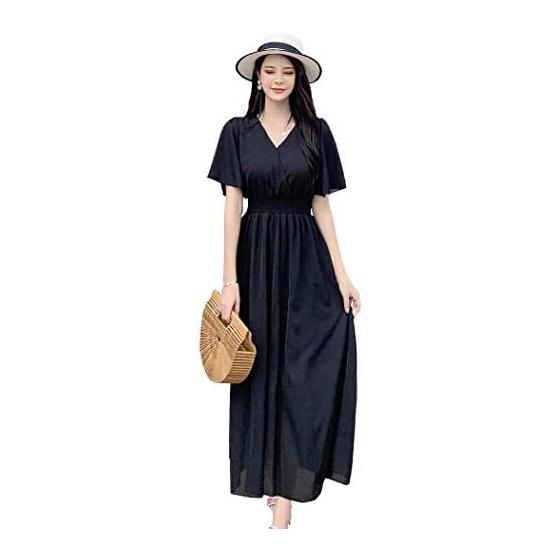 [Teddy] Resort Dress Women s Summer Dress Long Maxi Length Short Sleeve Chiffon Sheer A-line Tops1026