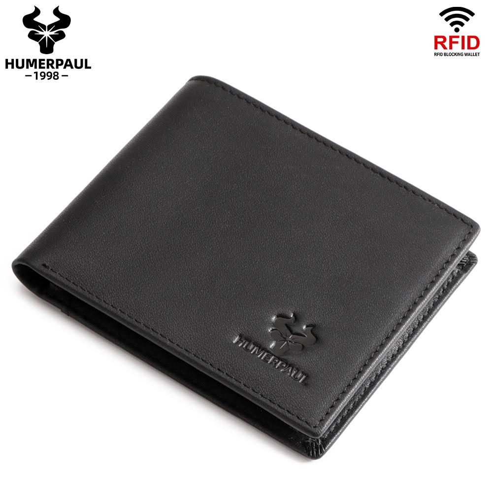 HUMERPAUL Men wallet first layer cowhide coin purse RFID anti-theft swipe ID bag multi-card slot wallet with photo window чёрный