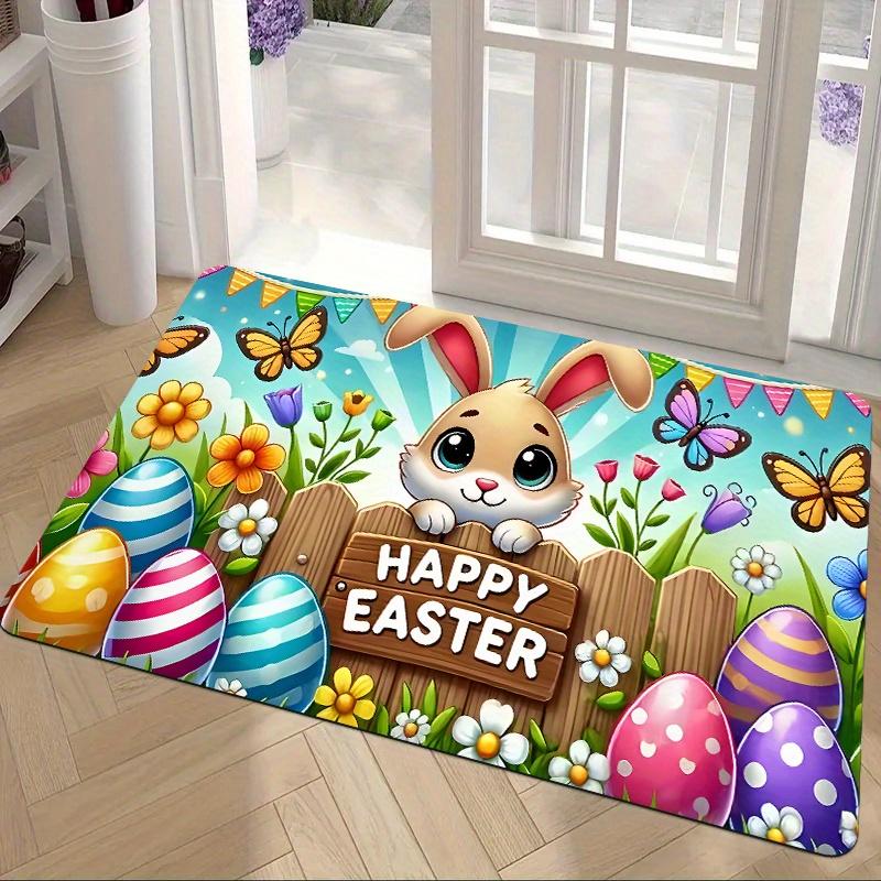 VIKAMA Anti-Slip Easter Door Mat Cute Rabbit Colorful Egg Print Mat for Foyer Bathroom Indoor Outdoor Easter Decor