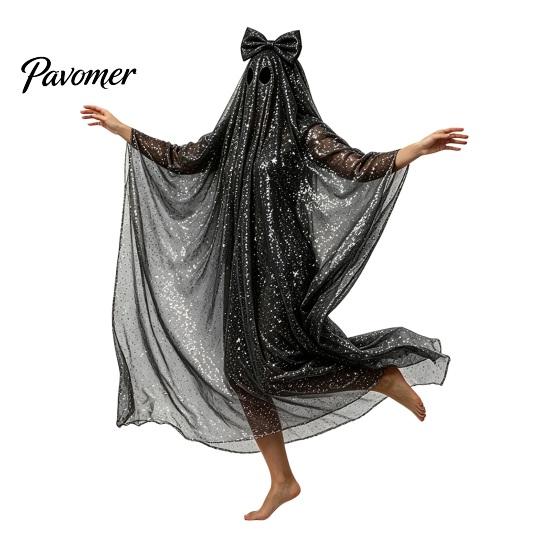 White Ghost Poncho Sequin Cape for Women, Cute Halloween Costume Cloak with Holiday Cosplay Bows, Lightweight Mesh Pullover Robe Party Photoshoot