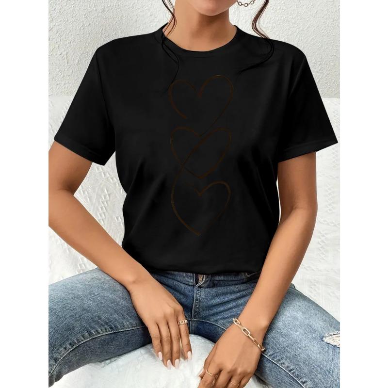 Damen Kleines Herz Muster T-Shirt Rundhals Kurzarm Lässig Frühling Sommer Oberteil
