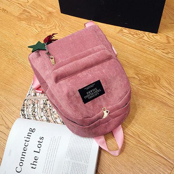 Women School Soulder Bag Tassel Corduroy Backpack Preppy Style Knapsack
