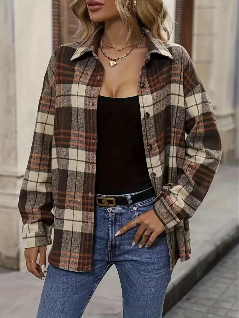 European & American Women's Plaid Long Sleeve Shirt Jacket - Loose Fit, Casual Fashion for Autumn & Winter