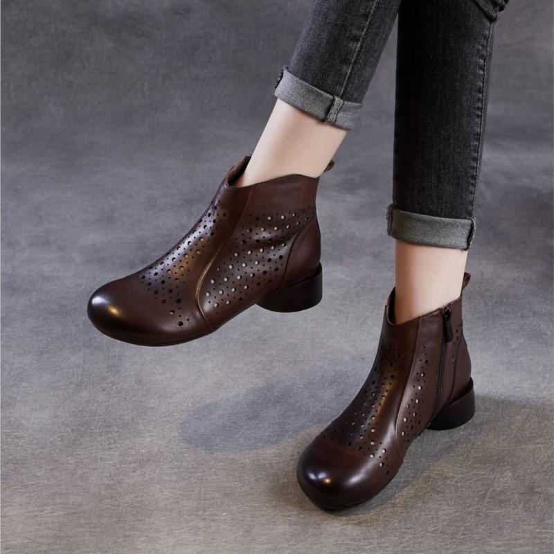 Johnature Pantofi de damă respirabili cu decupaje Piele naturală Confortabili Talpă moale Stil retro Cizme de vară