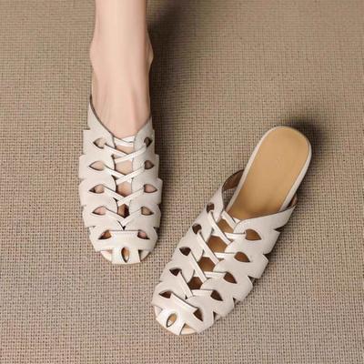 Fashion New Fashion Vintage Simple Woven Cutout Roman Shoes Women's One Strap Block Heel Baotou Shallow Mouth Versatile Low Heel Sandals