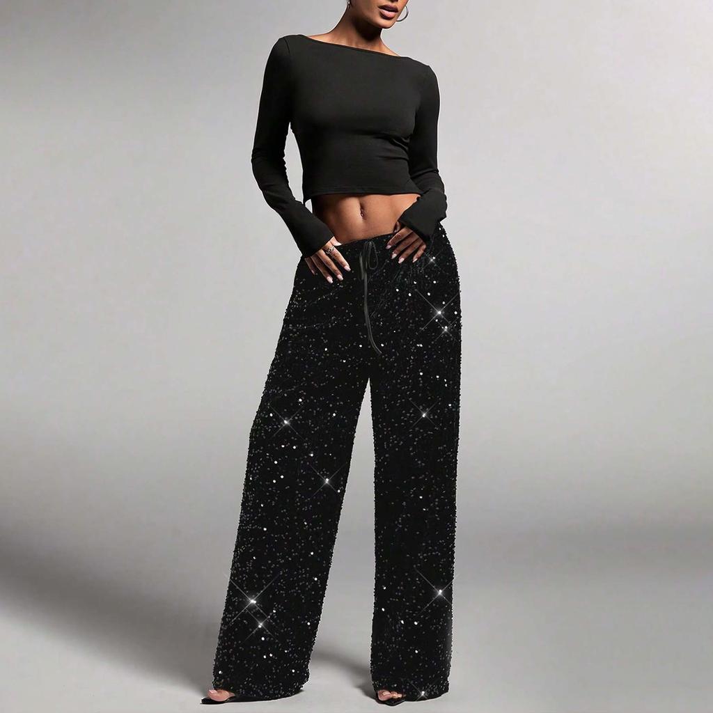 Women's Adult Sequined Fashion Drawstring Slimming Stretch Straight Leg Pants