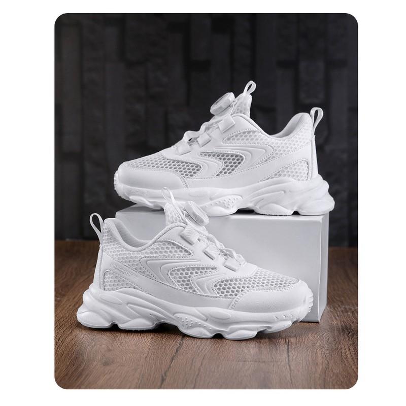 Kids White Mesh Sneakers Boys Girls Casual Shoes With Rotating Buckle