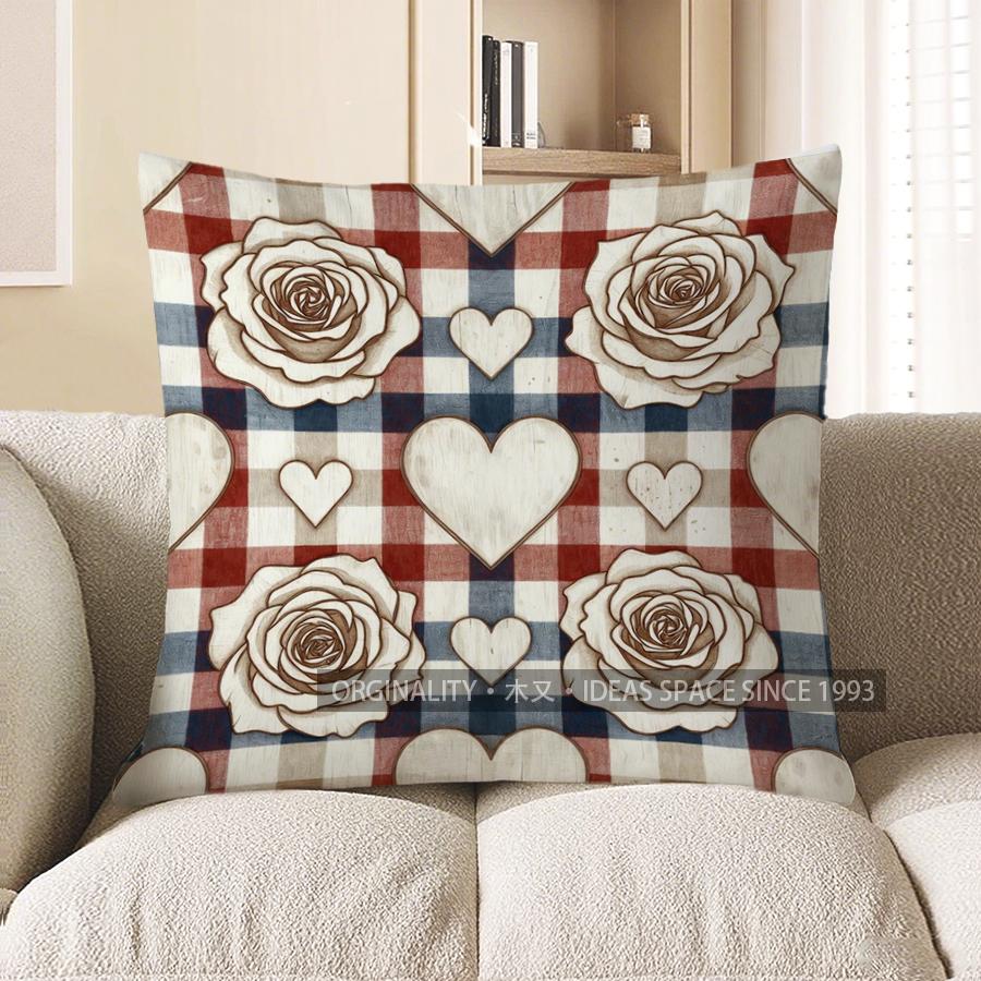 2D Rose & Heart Pattern Decorative Pillow Covers Pattern Cushion Cover Suitable For Sofa Bedroom Car Pillow Cover