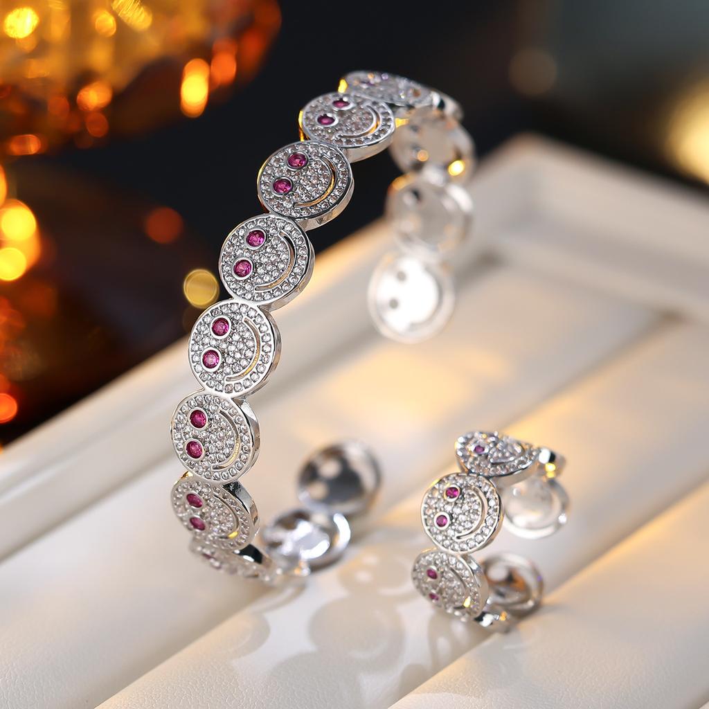 Women Smile Face Bracelet Ring Set Fashion Minimalist Zircon Jewelry Perfect For Party Gathering Wear