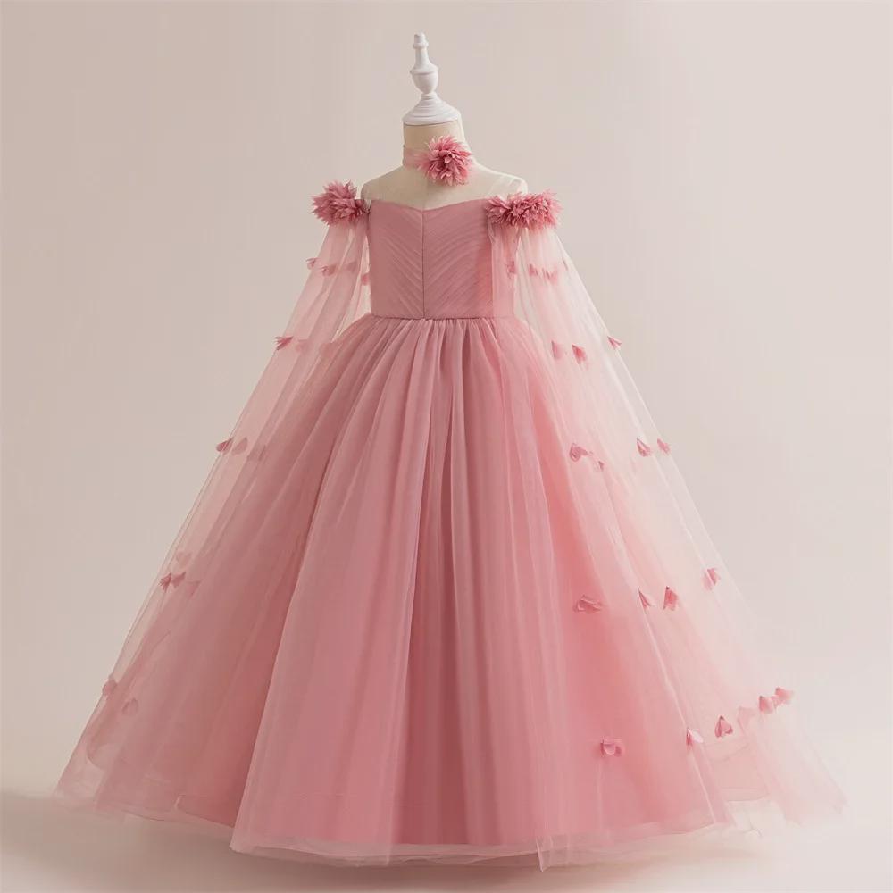 Off-Shoulder Princess Dress with Long Cape for European & American Girls - Fluffy Yarn Catwalk Costume