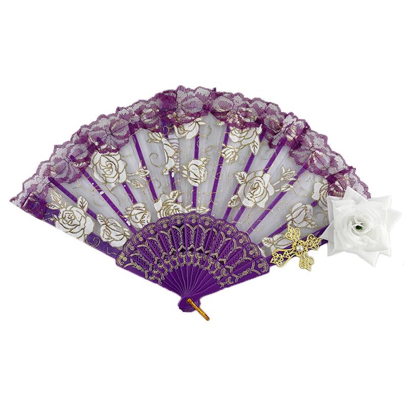 Rose Lace Edge LED Folding Fan - Wedding Gift & Dance Prop
