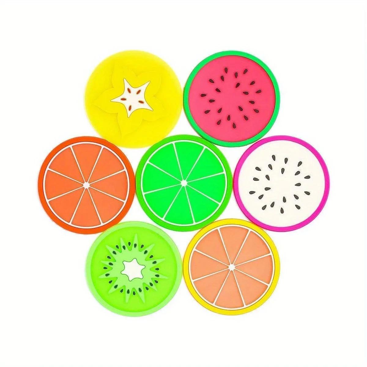 

Набор из 7 силиконовых подставок, дизайн фруктов, нескользящие подкладки для чашек, креативные коврики для напитков в виде ассорти из фруктовых долек для кофе и чая