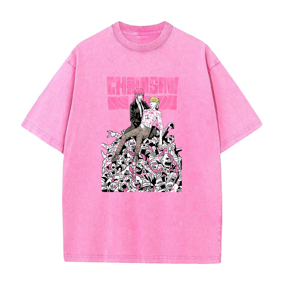 Anime Chainsaw Man Tshirt Denji Makima Print T Shirt Men Women Clothing Short Sleeve Cotton Tee Vintage Washed Oversized Tshirt