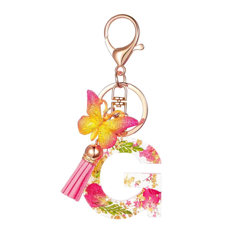 Flower Resin Keychain With Tassels And Butterfly Design 26 Letters Pendant Classic Retro Practical Durable Backpack Hanging Accessory