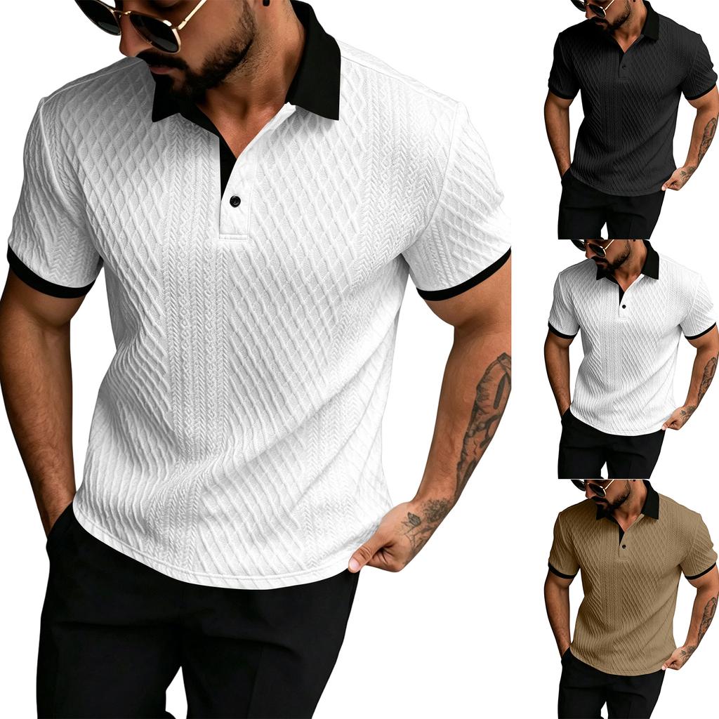 Men's Casual Loose Fit Jacquard Short Sleeve Polo Shirt with Button Collar and Textured Knit Pattern for Everyday Wear