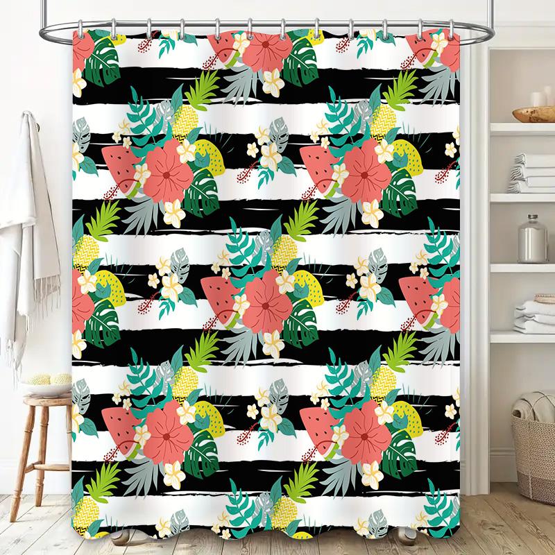 Vibrant Floral Shower Curtain Watermelon Pineapple Green Palm Leaf Black White Stripe Bathroom Decor Home Waterproof Fabric Show